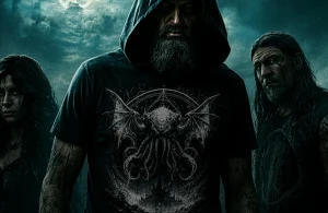 Cultists wearing Lovecraft clothing and Cthulhu shirts from the Unspeakable Tales horror apparel collection.